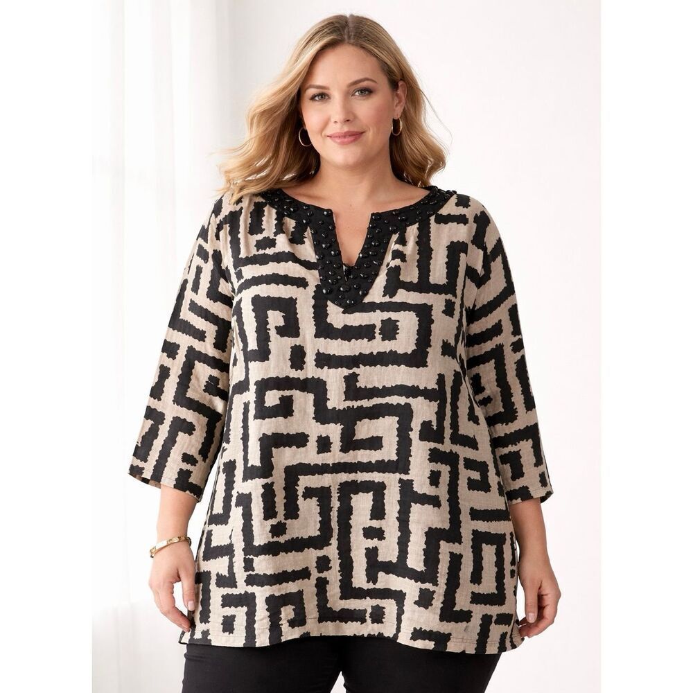 Saint Tropez West Tunic Top Linen Embellished Tan Black 1X